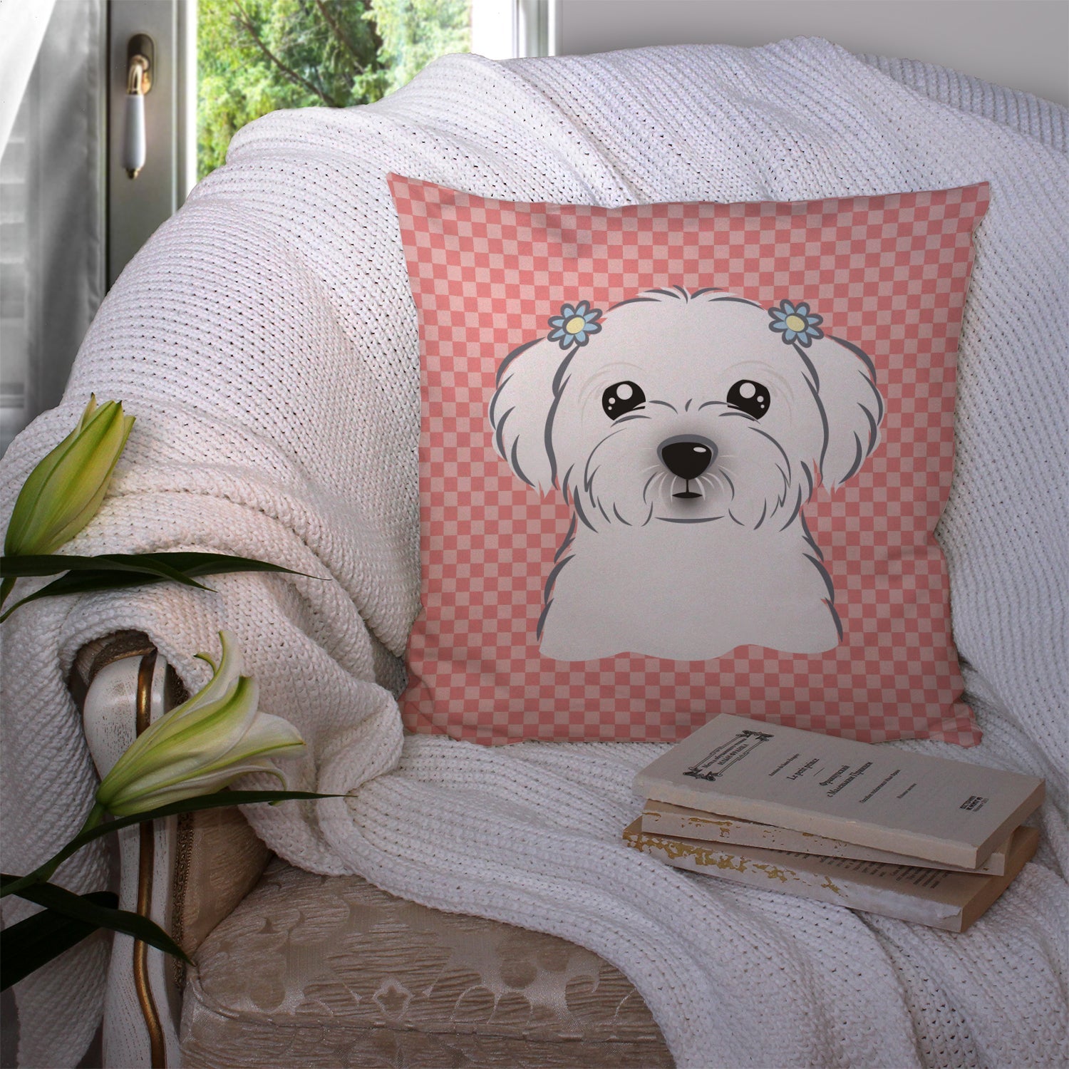 Checkerboard Pink Maltese Decorative Throw Pillow 14x14 Indoor Outdoor Accent Cushion, Fabric Cover with Insert for Sofa, Bed, Porch & Living Room