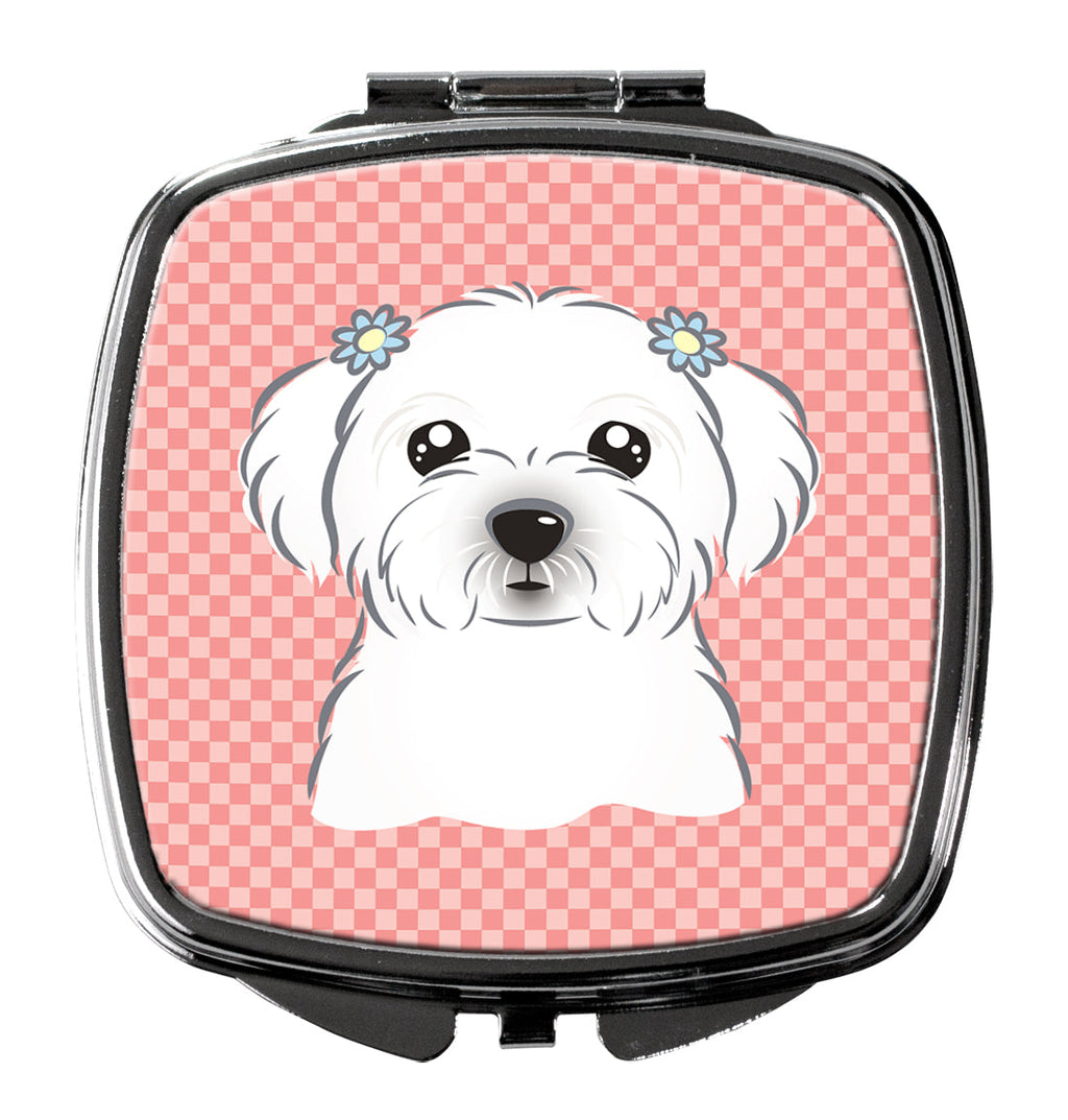 Checkerboard Pink Maltese Compact Mirror Decorative Travel Makeup Mirror for Women Girls Gifts Pocket Makeup Mirror Folding Handheld