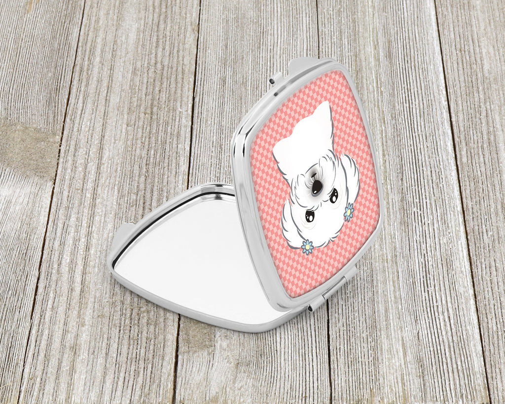 Checkerboard Pink Maltese Compact Mirror Decorative Travel Makeup Mirror for Women Girls Gifts Pocket Makeup Mirror Folding Handheld