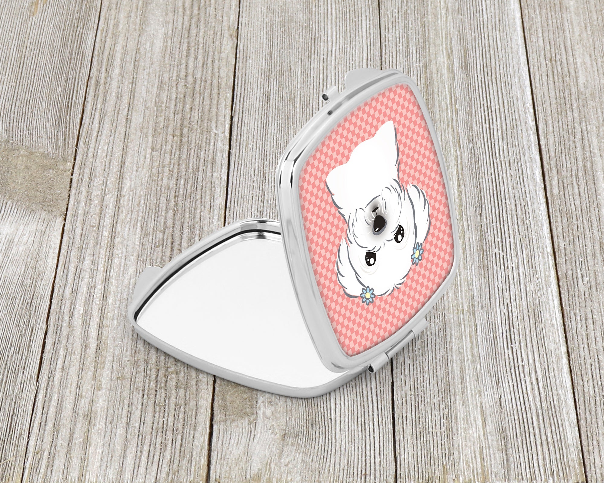 Checkerboard Pink Maltese Compact Mirror Decorative Travel Makeup Mirror for Women Girls Gifts Pocket Makeup Mirror Folding Handheld