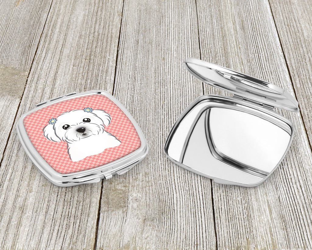 Checkerboard Pink Maltese Compact Mirror Decorative Travel Makeup Mirror for Women Girls Gifts Pocket Makeup Mirror Folding Handheld