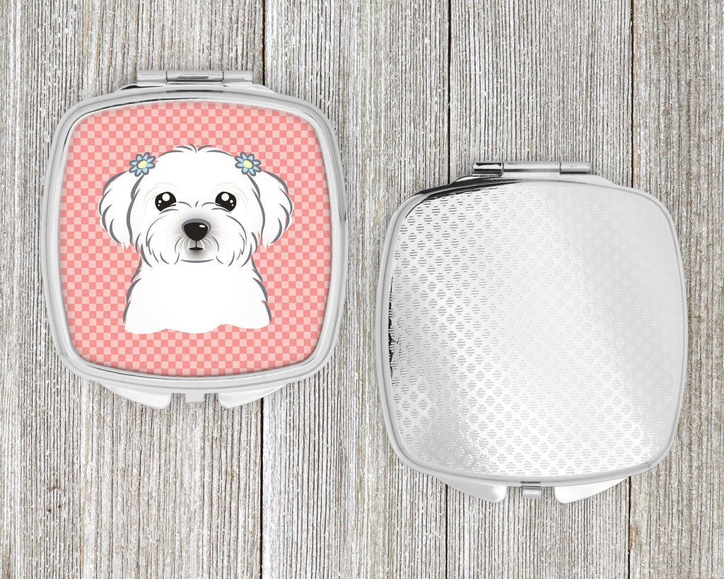 Checkerboard Pink Maltese Compact Mirror Decorative Travel Makeup Mirror for Women Girls Gifts Pocket Makeup Mirror Folding Handheld