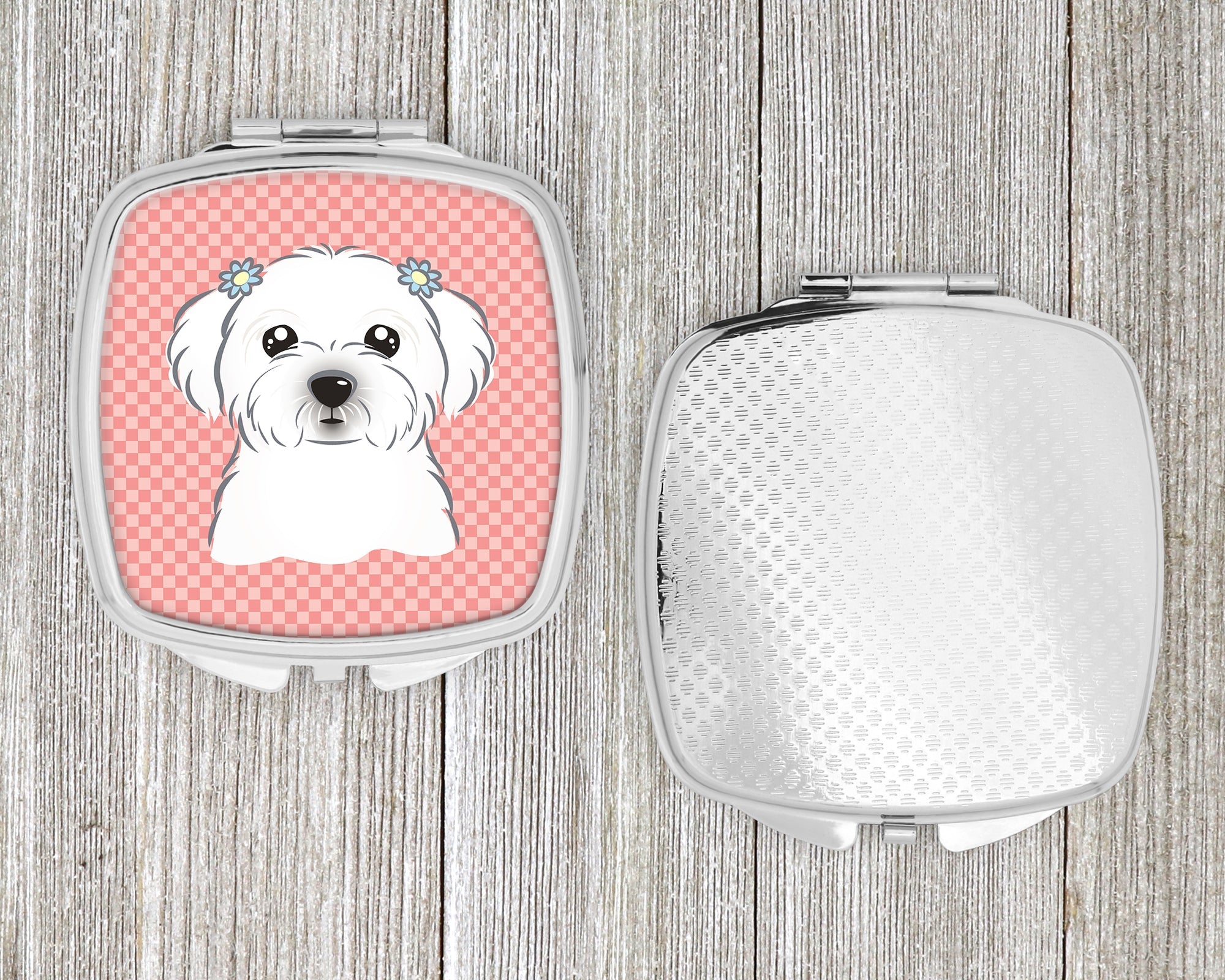 Checkerboard Pink Maltese Compact Mirror Decorative Travel Makeup Mirror for Women Girls Gifts Pocket Makeup Mirror Folding Handheld