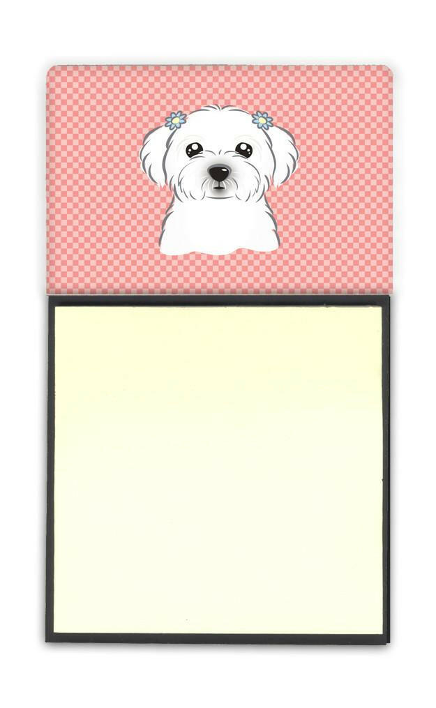 Checkerboard Pink Maltese Watercolor Sticky Note Holder Refillable Dispenser Desk Accessory 3x3 Pad Gift