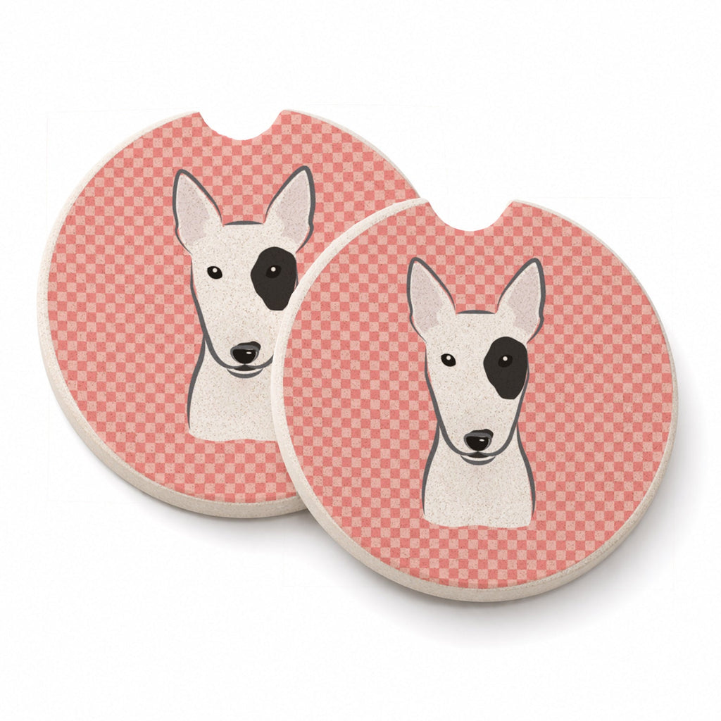 Checkerboard Pink Bull Terrier Set of 2 Cup Holder Car Coasters Absorbent Round Sandstone Coasters Gifts for Men or Women, 2.5, Multicolor