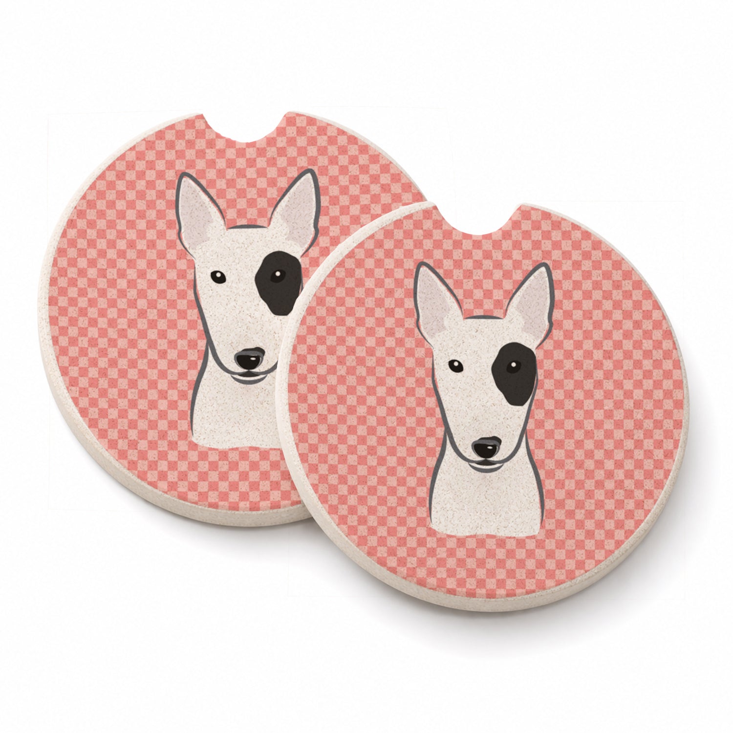 Checkerboard Pink Bull Terrier Set of 2 Cup Holder Car Coasters Absorbent Round Sandstone Coasters Gifts for Men or Women, 2.5, Multicolor