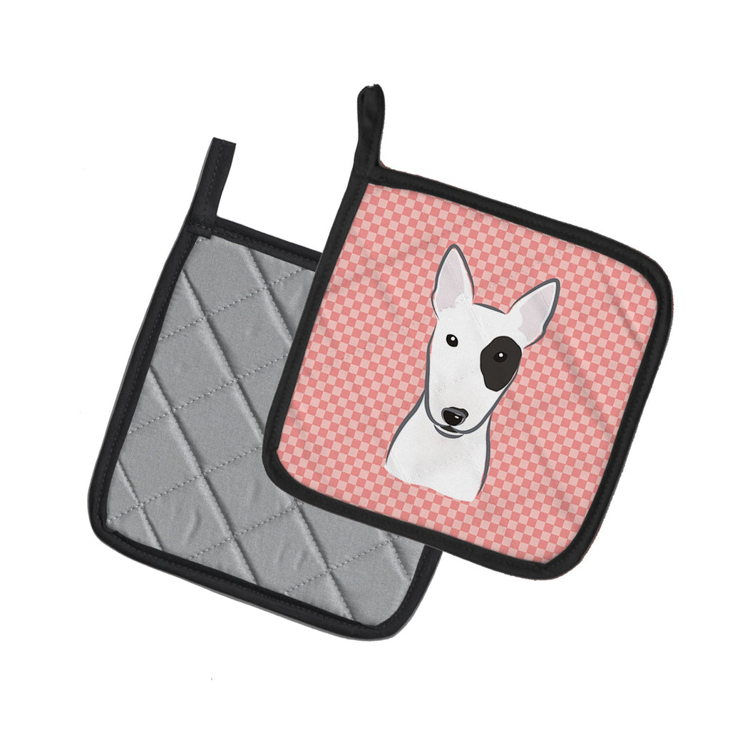 Checkerboard Pink Bull Terrier Pot Holder Set of 2 Heat Resistant Quilted Hot Pads 7.5 x 7.5 Inch, Insulated Kitchen Trivets for Cooking & Baking