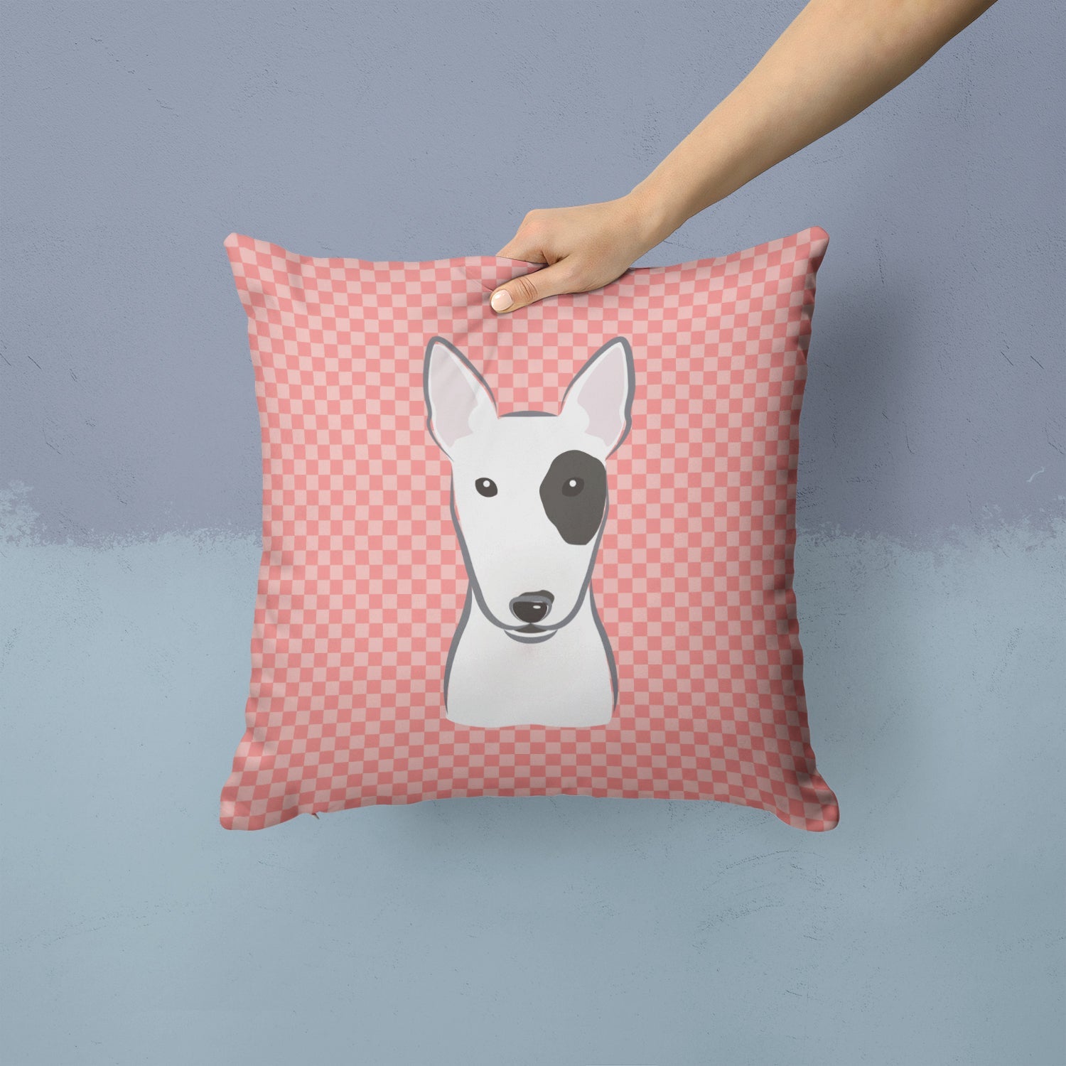 Checkerboard Pink Bull Terrier Decorative Throw Pillow 14x14 Indoor Outdoor Accent Cushion, Fabric Cover with Insert for Sofa, Bed, Porch & Living Room