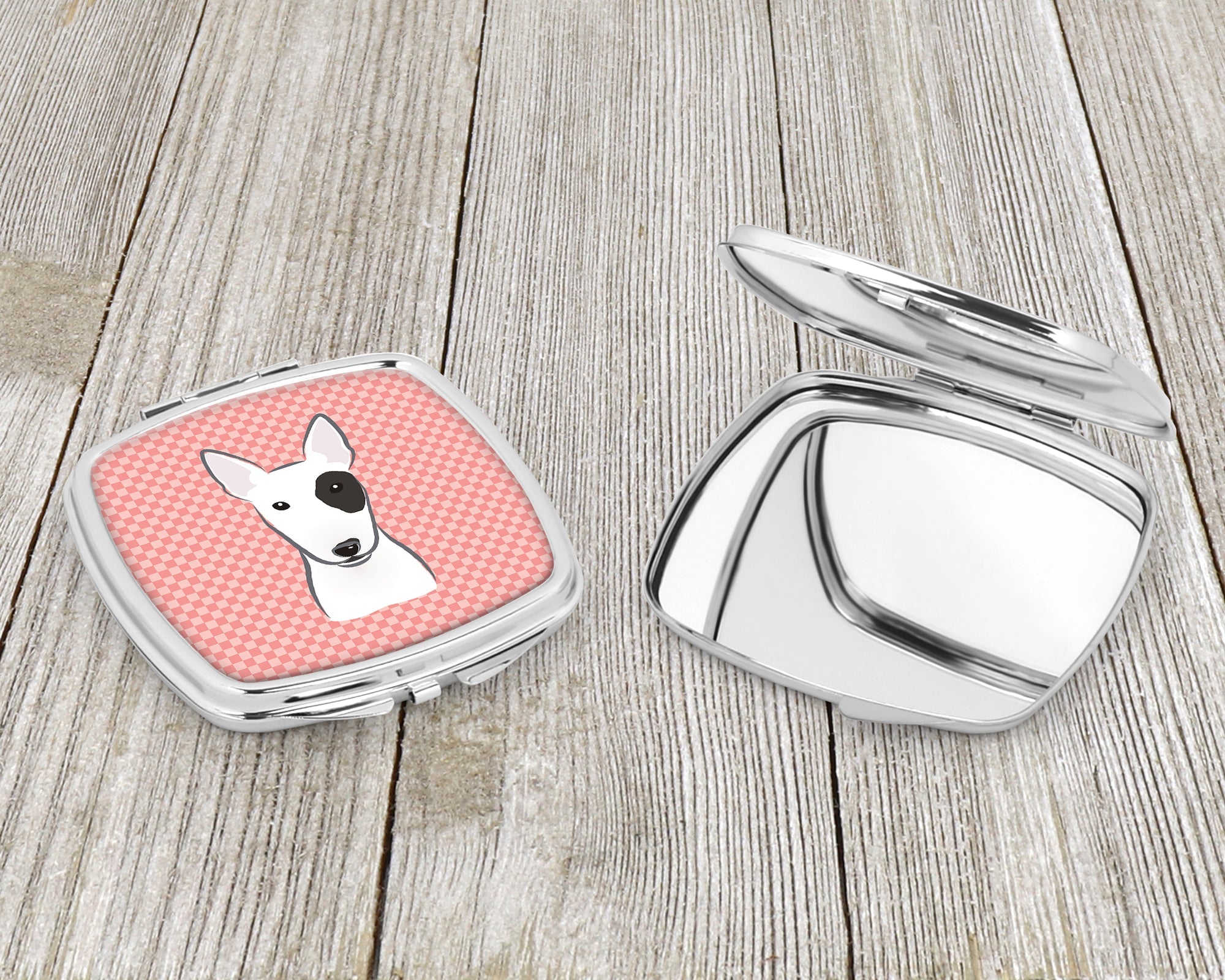 Checkerboard Pink Bull Terrier Compact Mirror Decorative Travel Makeup Mirror for Women Girls Gifts Pocket Makeup Mirror Folding Handheld