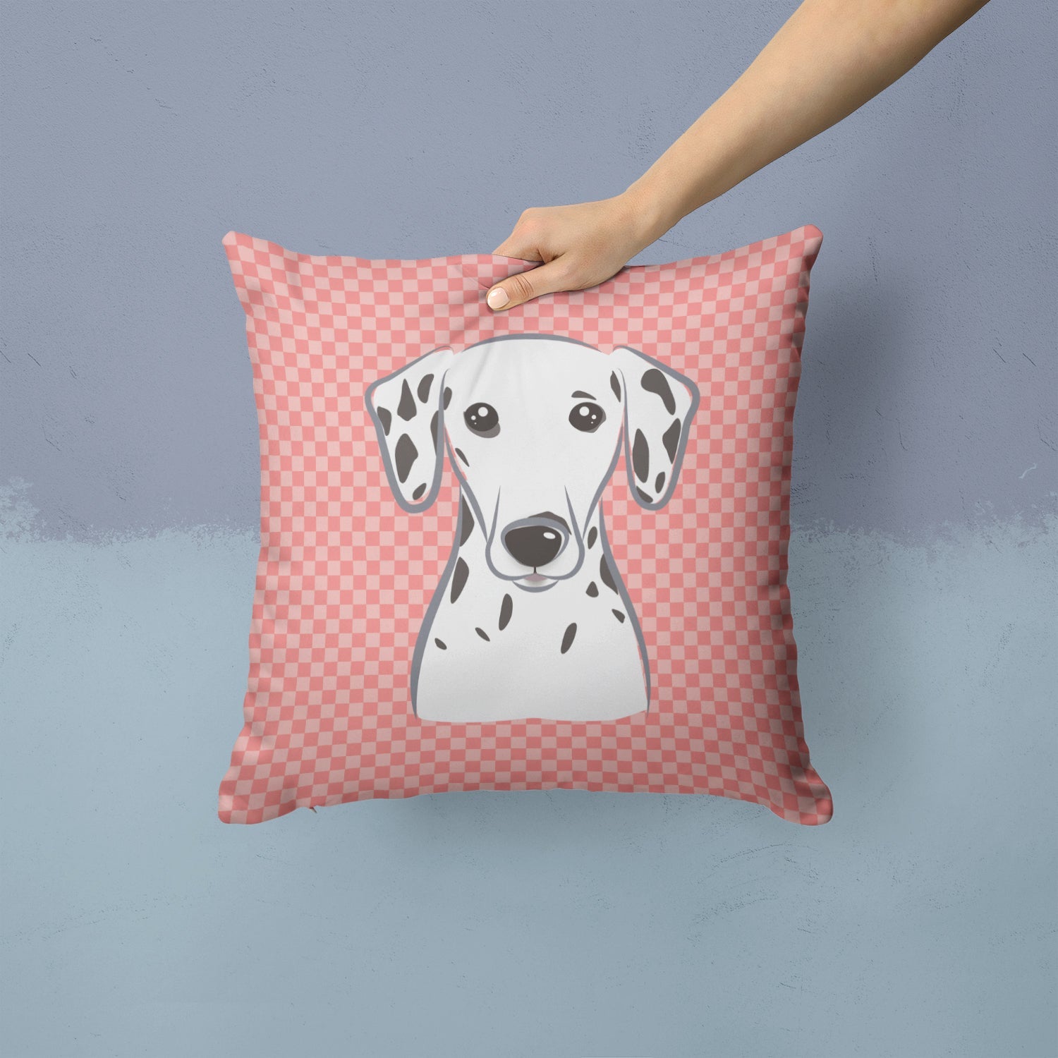 Checkerboard Pink Dalmatian Decorative Throw Pillow 14x14 Indoor Outdoor Accent Cushion, Fabric Cover with Insert for Sofa, Bed, Porch & Living Room