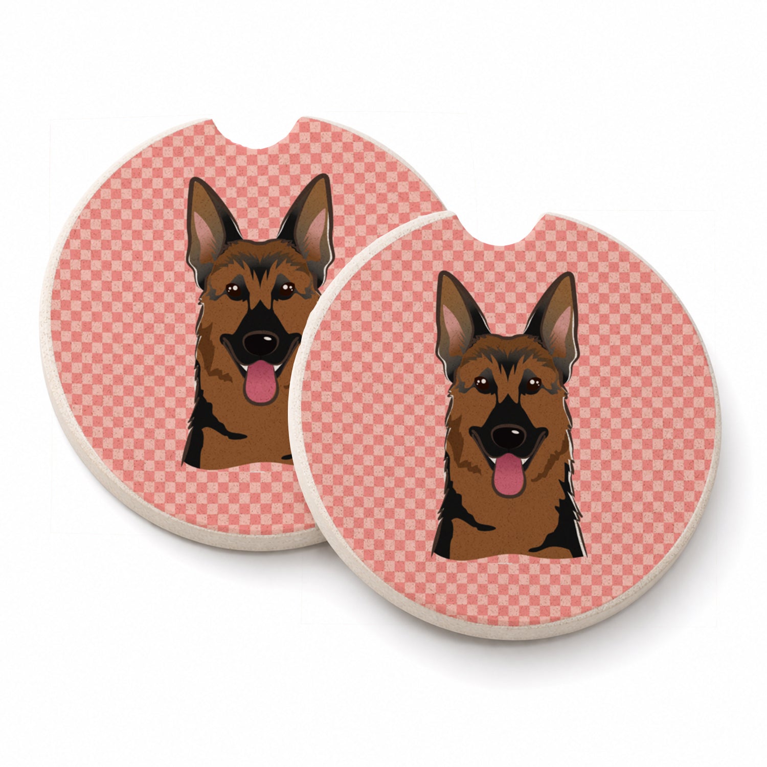 Checkerboard Pink German Shepherd Set of 2 Cup Holder Car Coasters Absorbent Round Sandstone Coasters Gifts for Men or Women, 2.5, Multicolor