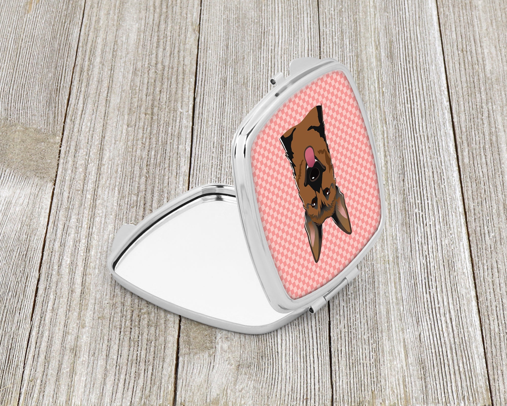 Checkerboard Pink German Shepherd Compact Mirror Decorative Travel Makeup Mirror for Women Girls Gifts Pocket Makeup Mirror Folding Handheld