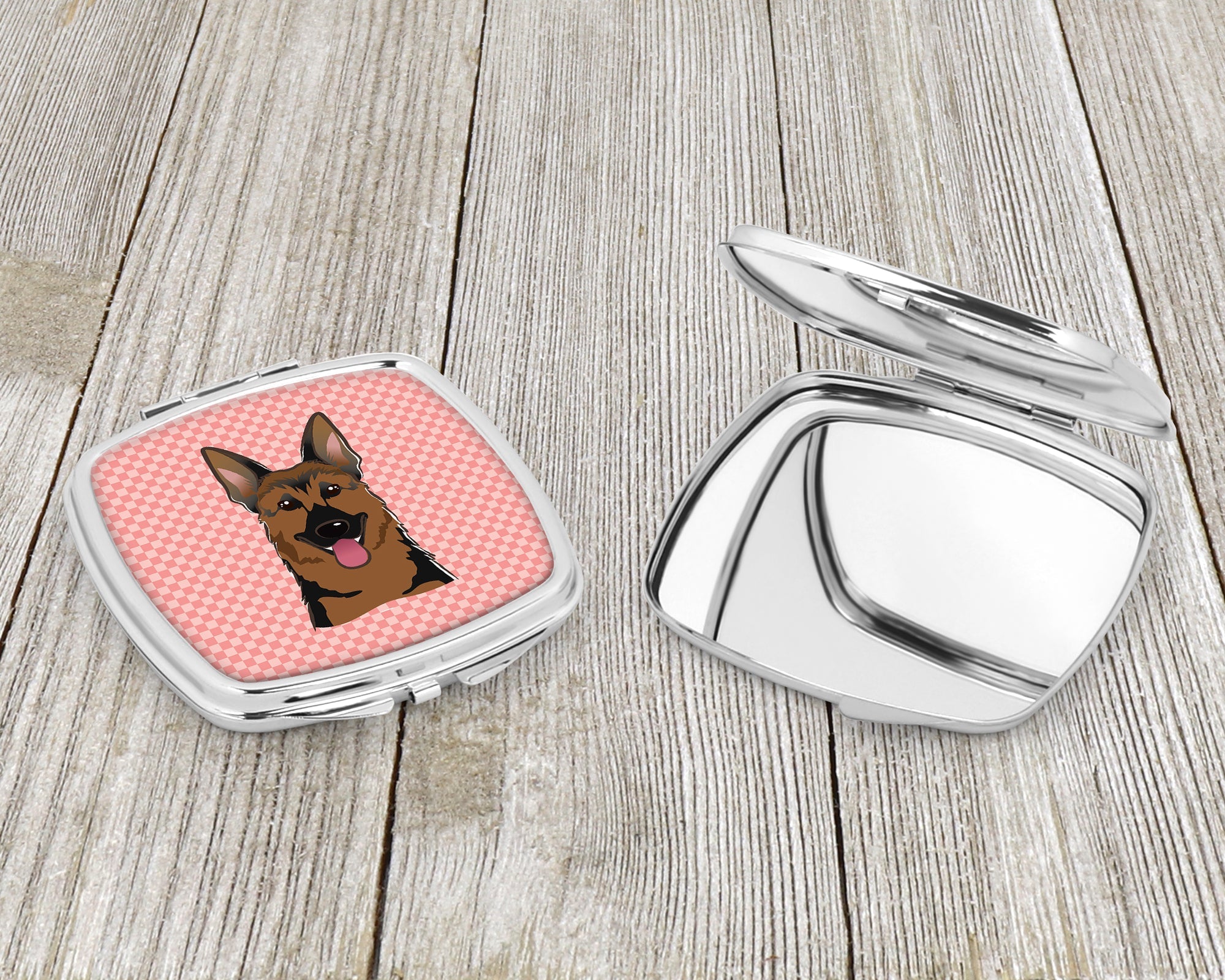 Checkerboard Pink German Shepherd Compact Mirror Decorative Travel Makeup Mirror for Women Girls Gifts Pocket Makeup Mirror Folding Handheld