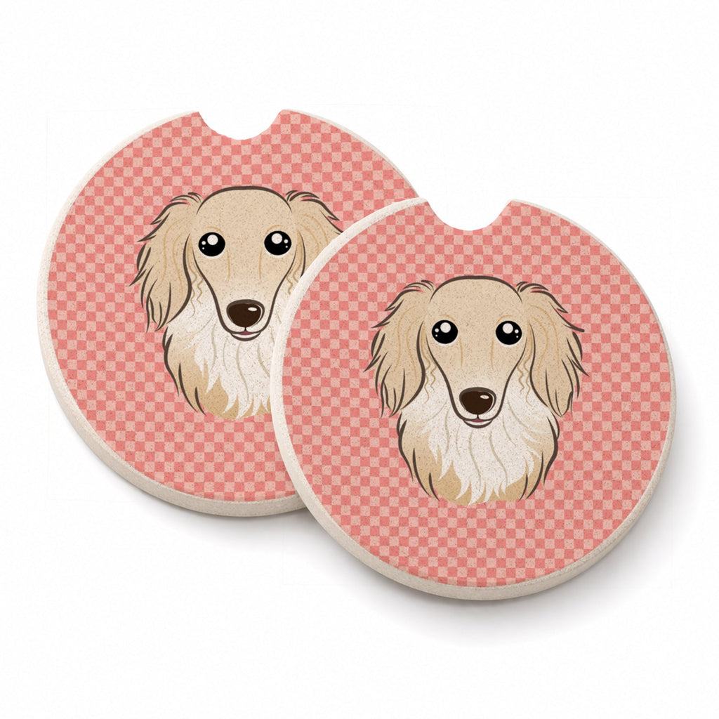 Checkerboard Pink Longhair Creme Dachshund Set of 2 Cup Holder Car Coasters Absorbent Round Sandstone Coasters Gifts for Men or Women, 2.5, Multicolor