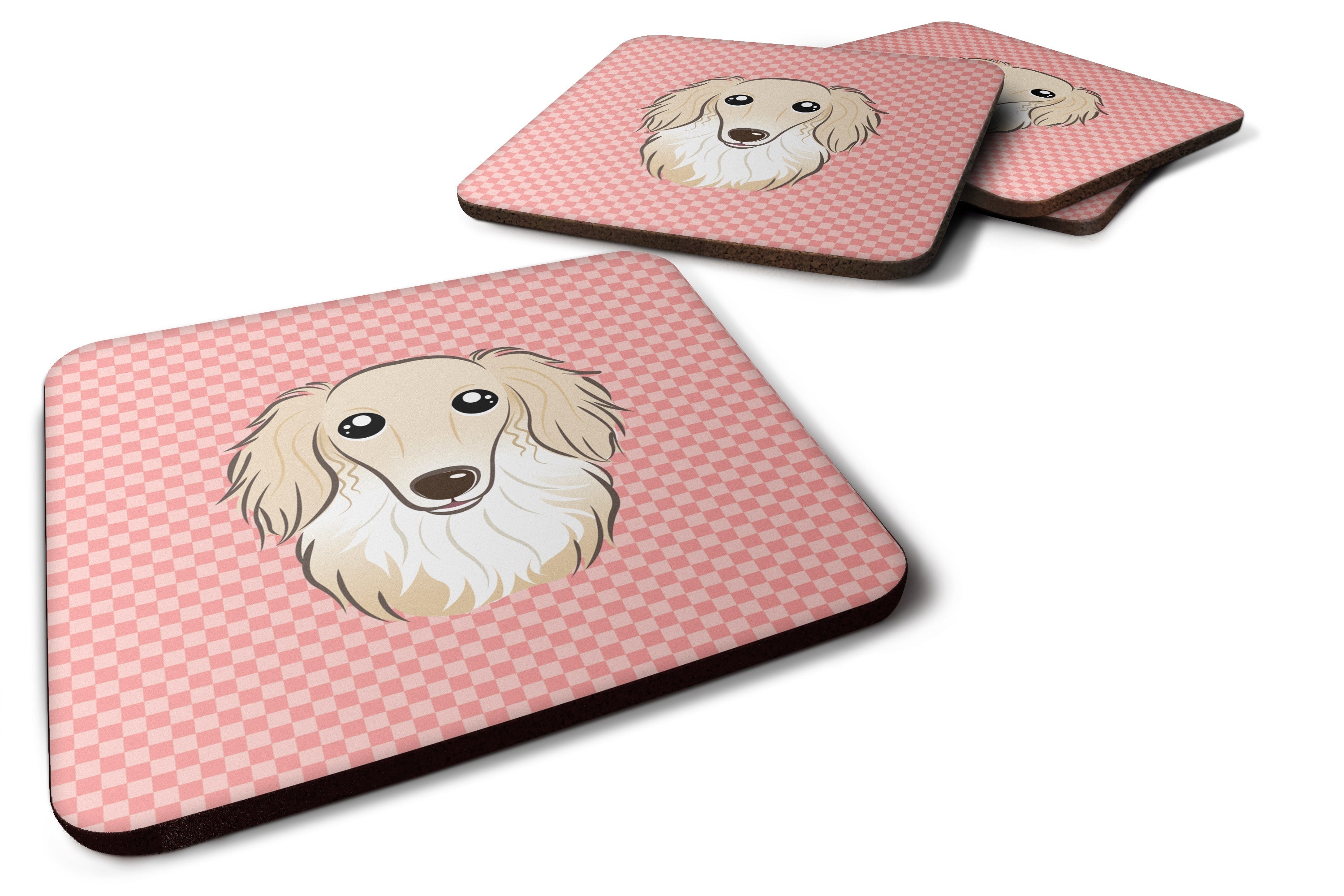 Checkerboard Pink Longhair Creme Dachshund Foam Coasters Set of 4 Cup Coasters for Indoor Outdoor, Tabletop Protection, Anti Slip, Mouse pad Material