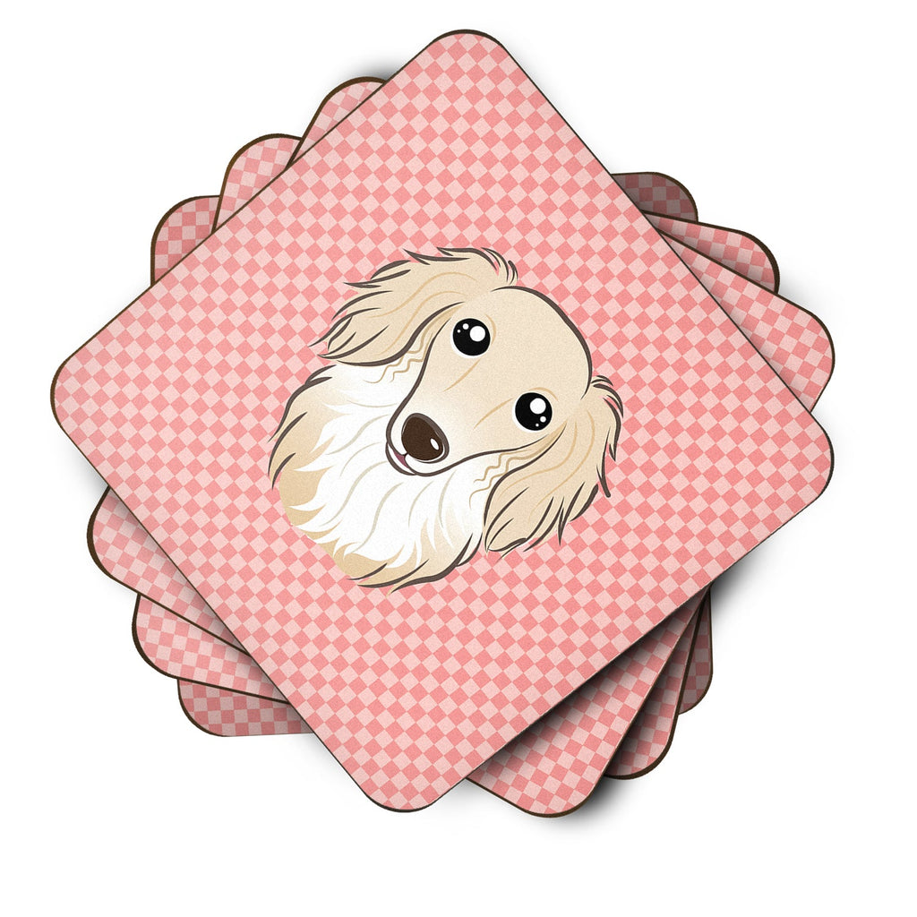 Checkerboard Pink Longhair Creme Dachshund Foam Coasters Set of 4 Cup Coasters for Indoor Outdoor, Tabletop Protection, Anti Slip, Mouse pad Material