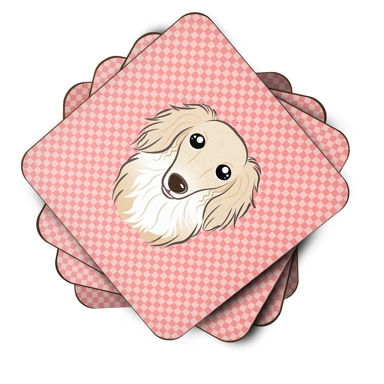 Checkerboard Pink Longhair Creme Dachshund Foam Coasters Set of 4 Cup Coasters for Indoor Outdoor, Tabletop Protection, Anti Slip, Mouse pad Material