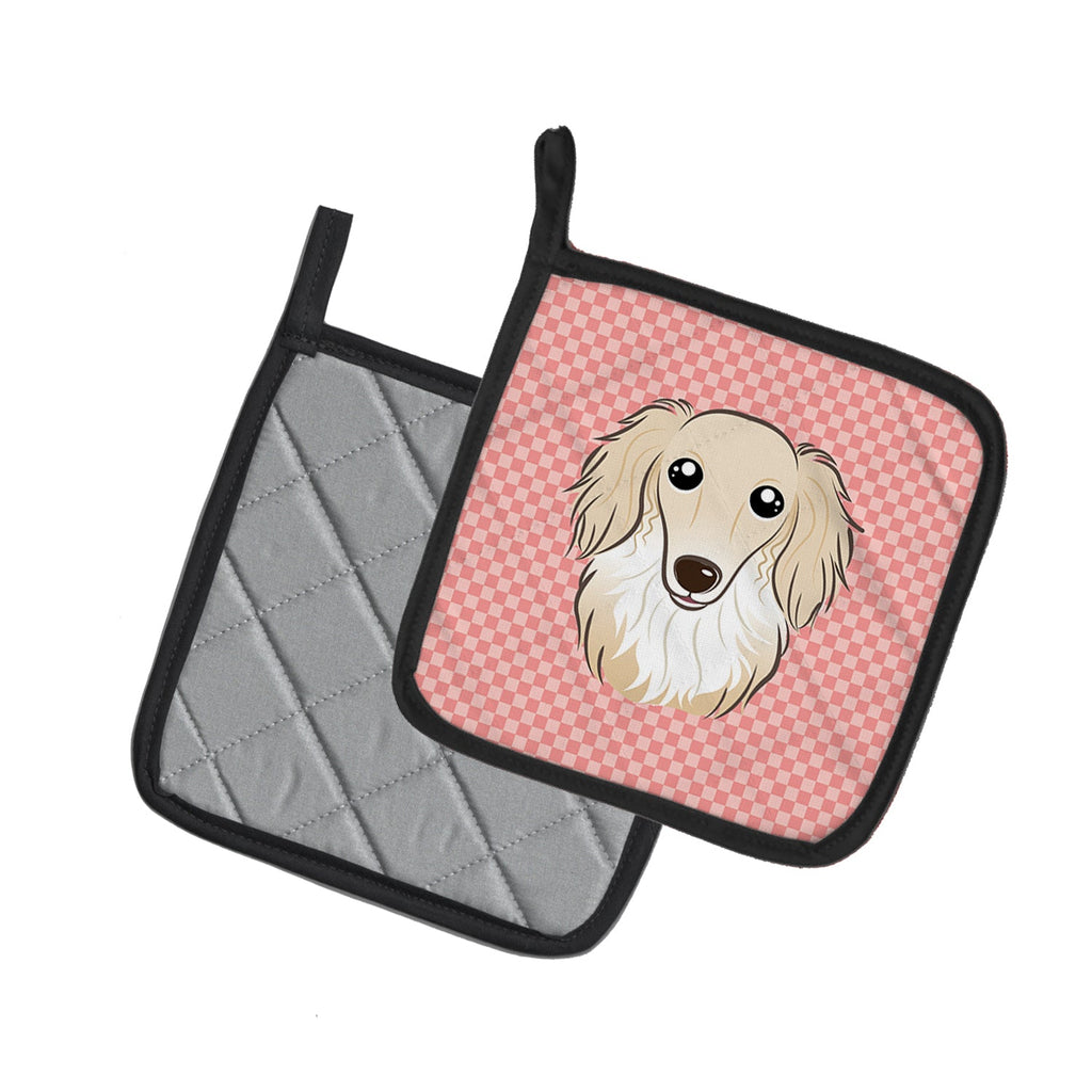 Checkerboard Pink Longhair Creme Dachshund Pot Holder Set of 2 Heat Resistant Quilted Hot Pads 7.5 x 7.5 Inch, Insulated Kitchen Trivets for Cooking & Baking