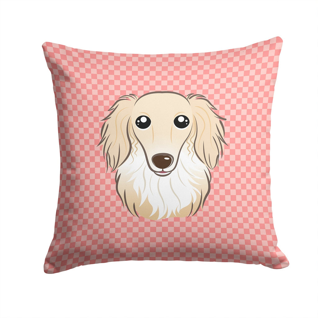 Checkerboard Pink Longhair Creme Dachshund Decorative Throw Pillow 14x14 Indoor Outdoor Accent Cushion, Fabric Cover with Insert for Sofa, Bed, Porch & Living Room