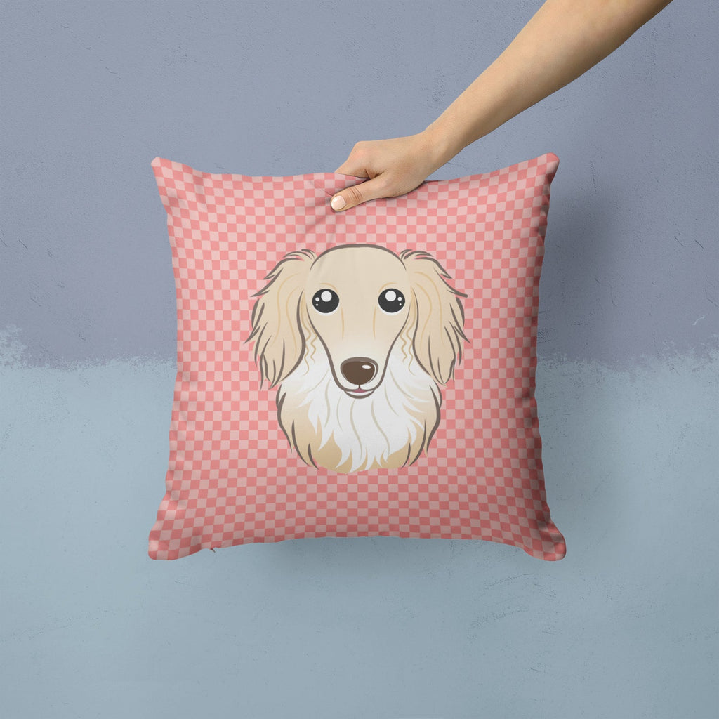 Checkerboard Pink Longhair Creme Dachshund Decorative Throw Pillow 14x14 Indoor Outdoor Accent Cushion, Fabric Cover with Insert for Sofa, Bed, Porch & Living Room