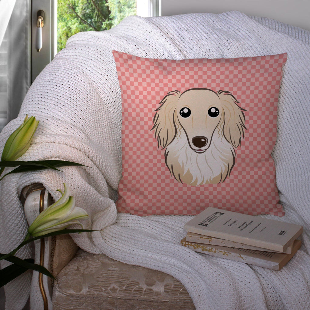 Checkerboard Pink Longhair Creme Dachshund Decorative Throw Pillow 14x14 Indoor Outdoor Accent Cushion, Fabric Cover with Insert for Sofa, Bed, Porch & Living Room