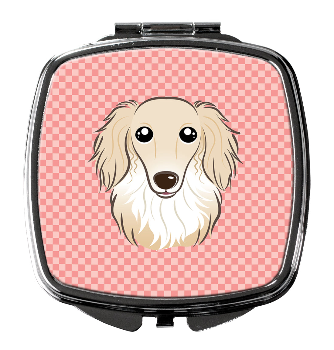 Checkerboard Pink Longhair Creme Dachshund Compact Mirror Decorative Travel Makeup Mirror for Women Girls Gifts Pocket Makeup Mirror Folding Handheld