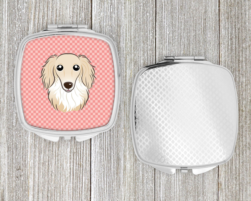 Checkerboard Pink Longhair Creme Dachshund Compact Mirror Decorative Travel Makeup Mirror for Women Girls Gifts Pocket Makeup Mirror Folding Handheld