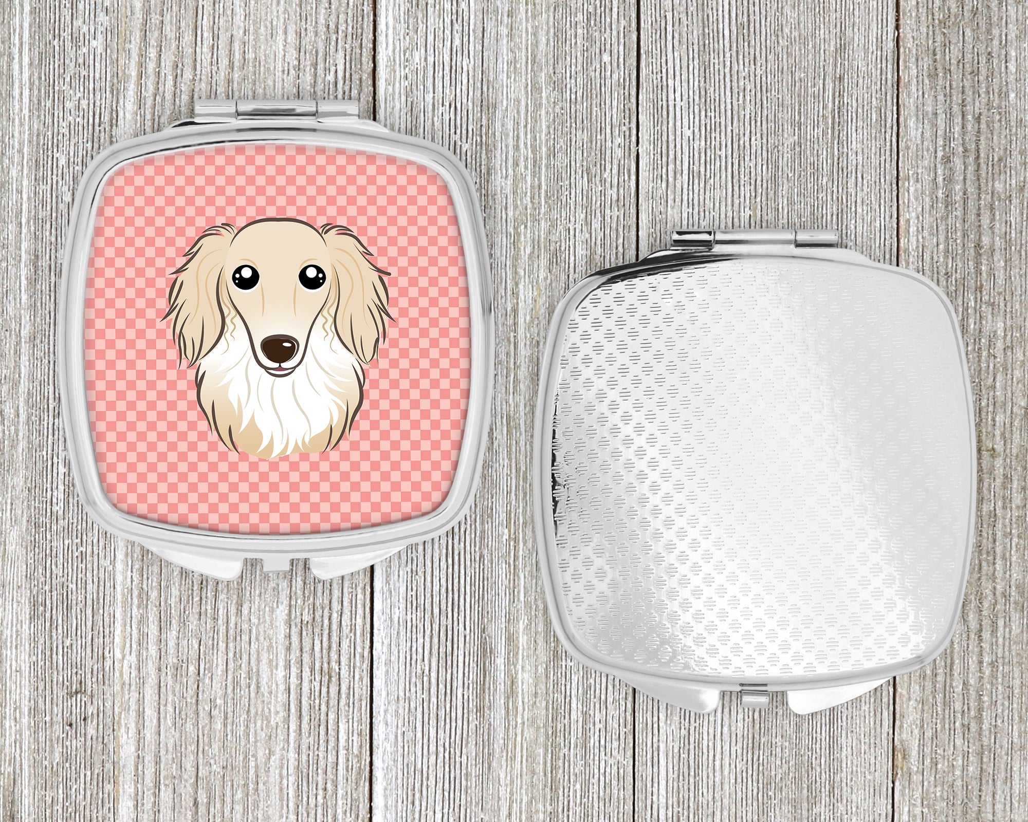 Checkerboard Pink Longhair Creme Dachshund Compact Mirror Decorative Travel Makeup Mirror for Women Girls Gifts Pocket Makeup Mirror Folding Handheld