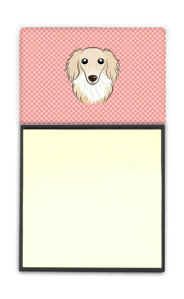 Checkerboard Pink Longhair Creme Dachshund Watercolor Sticky Note Holder Refillable Dispenser Desk Accessory 3x3 Pad Gift