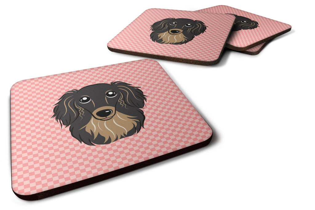 Checkerboard Pink Longhair Black and Tan Dachshund Foam Coasters Set of 4 Cup Coasters for Indoor Outdoor, Tabletop Protection, Anti Slip, Mouse pad Material