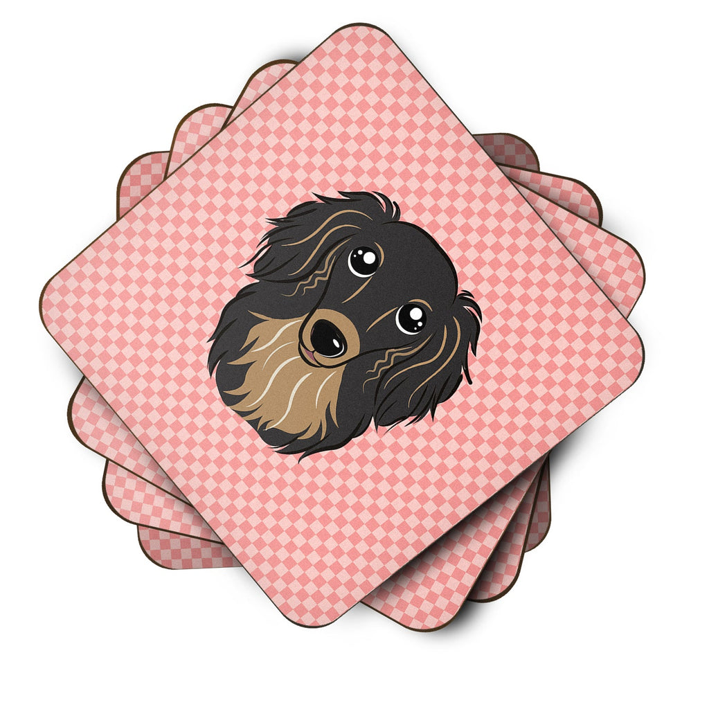 Checkerboard Pink Longhair Black and Tan Dachshund Foam Coasters Set of 4 Cup Coasters for Indoor Outdoor, Tabletop Protection, Anti Slip, Mouse pad Material