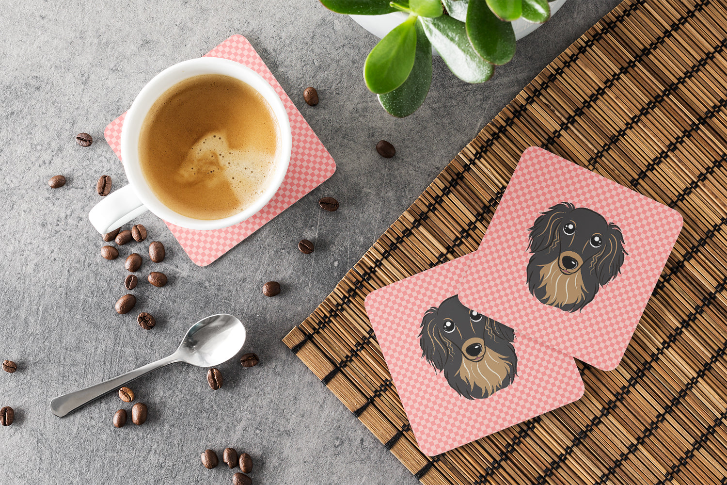 Checkerboard Pink Longhair Black and Tan Dachshund Foam Coasters Set of 4 Cup Coasters for Indoor Outdoor, Tabletop Protection, Anti Slip, Mouse pad Material