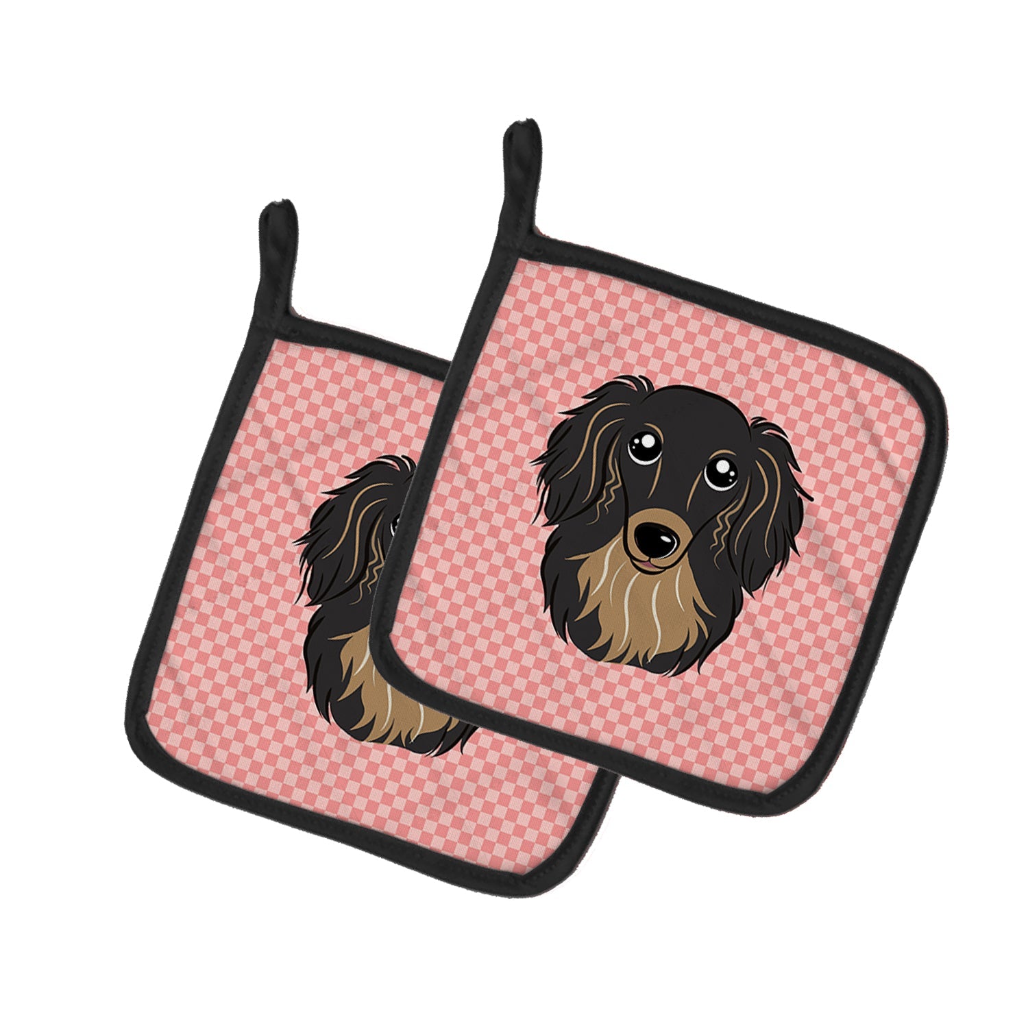 Checkerboard Pink Longhair Black and Tan Dachshund Pot Holder Set of 2 Heat Resistant Quilted Hot Pads 7.5 x 7.5 Inch, Insulated Kitchen Trivets for Cooking & Baking