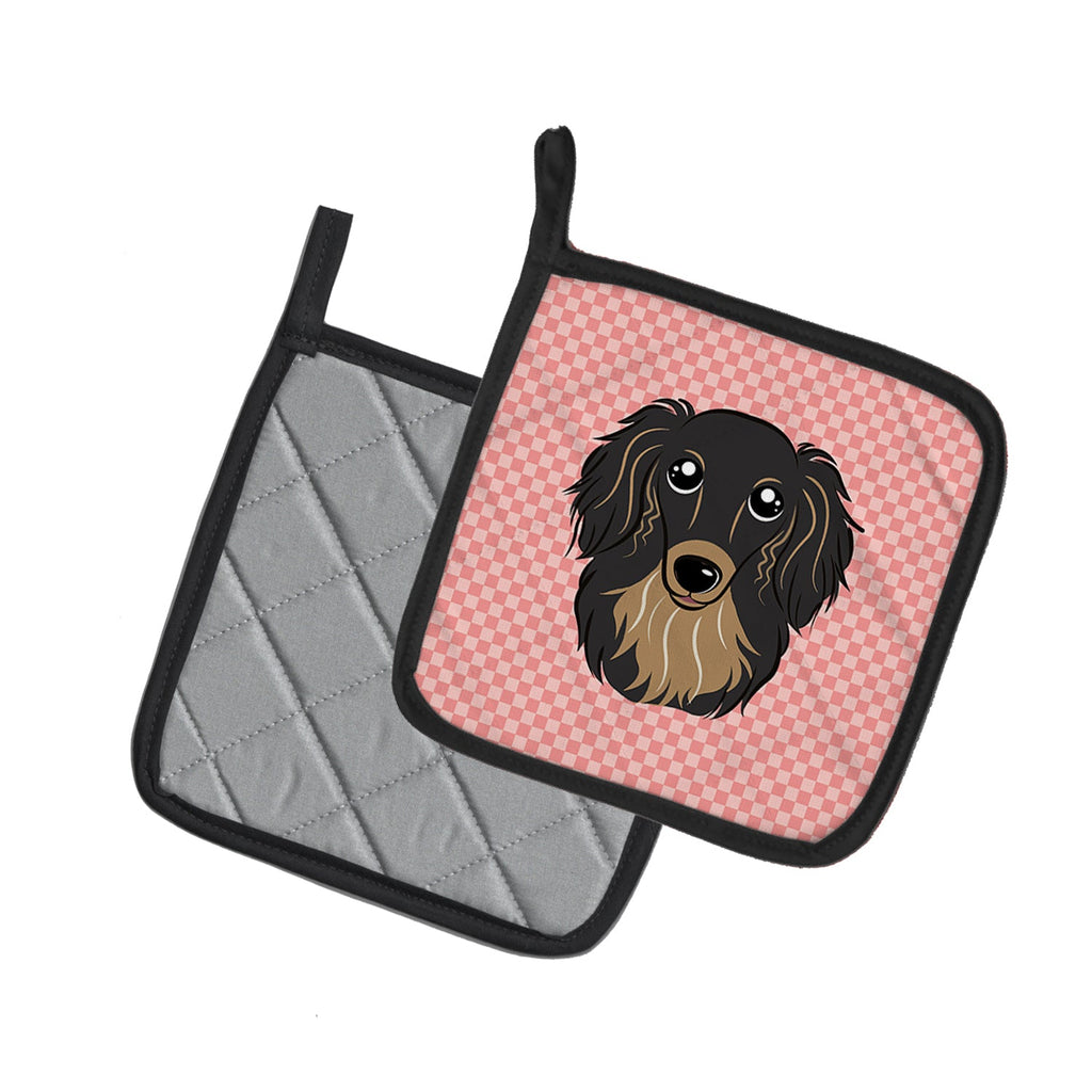 Checkerboard Pink Longhair Black and Tan Dachshund Pot Holder Set of 2 Heat Resistant Quilted Hot Pads 7.5 x 7.5 Inch, Insulated Kitchen Trivets for Cooking & Baking