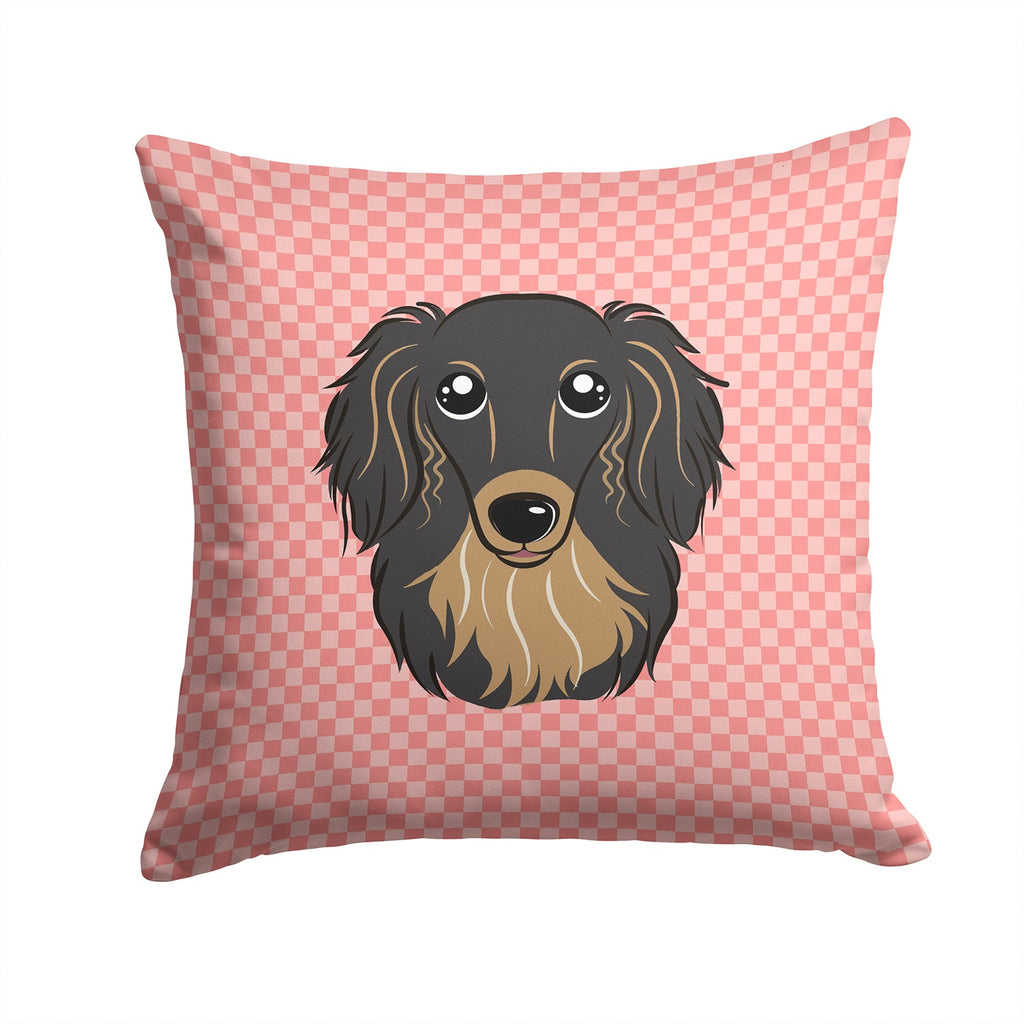 Checkerboard Pink Longhair Black and Tan Dachshund Decorative Throw Pillow 14x14 Indoor Outdoor Accent Cushion, Fabric Cover with Insert for Sofa, Bed, Porch & Living Room