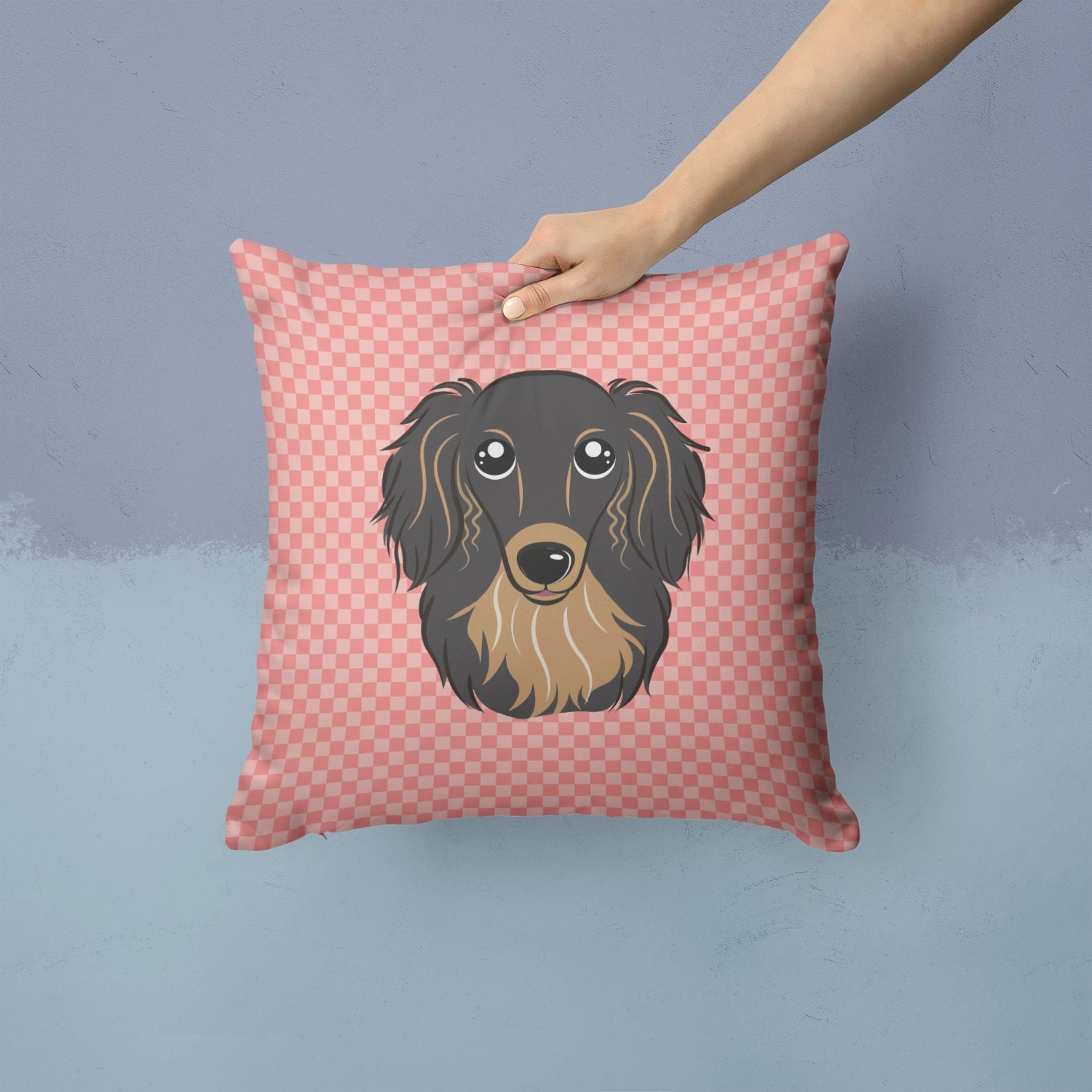 Checkerboard Pink Longhair Black and Tan Dachshund Decorative Throw Pillow 14x14 Indoor Outdoor Accent Cushion, Fabric Cover with Insert for Sofa, Bed, Porch & Living Room