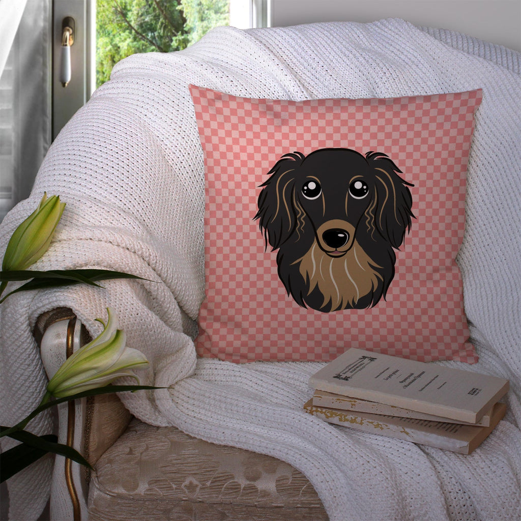 Checkerboard Pink Longhair Black and Tan Dachshund Decorative Throw Pillow 14x14 Indoor Outdoor Accent Cushion, Fabric Cover with Insert for Sofa, Bed, Porch & Living Room