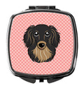 Checkerboard Pink Longhair Black and Tan Dachshund Compact Mirror Decorative Travel Makeup Mirror for Women Girls Gifts Pocket Makeup Mirror Folding Handheld