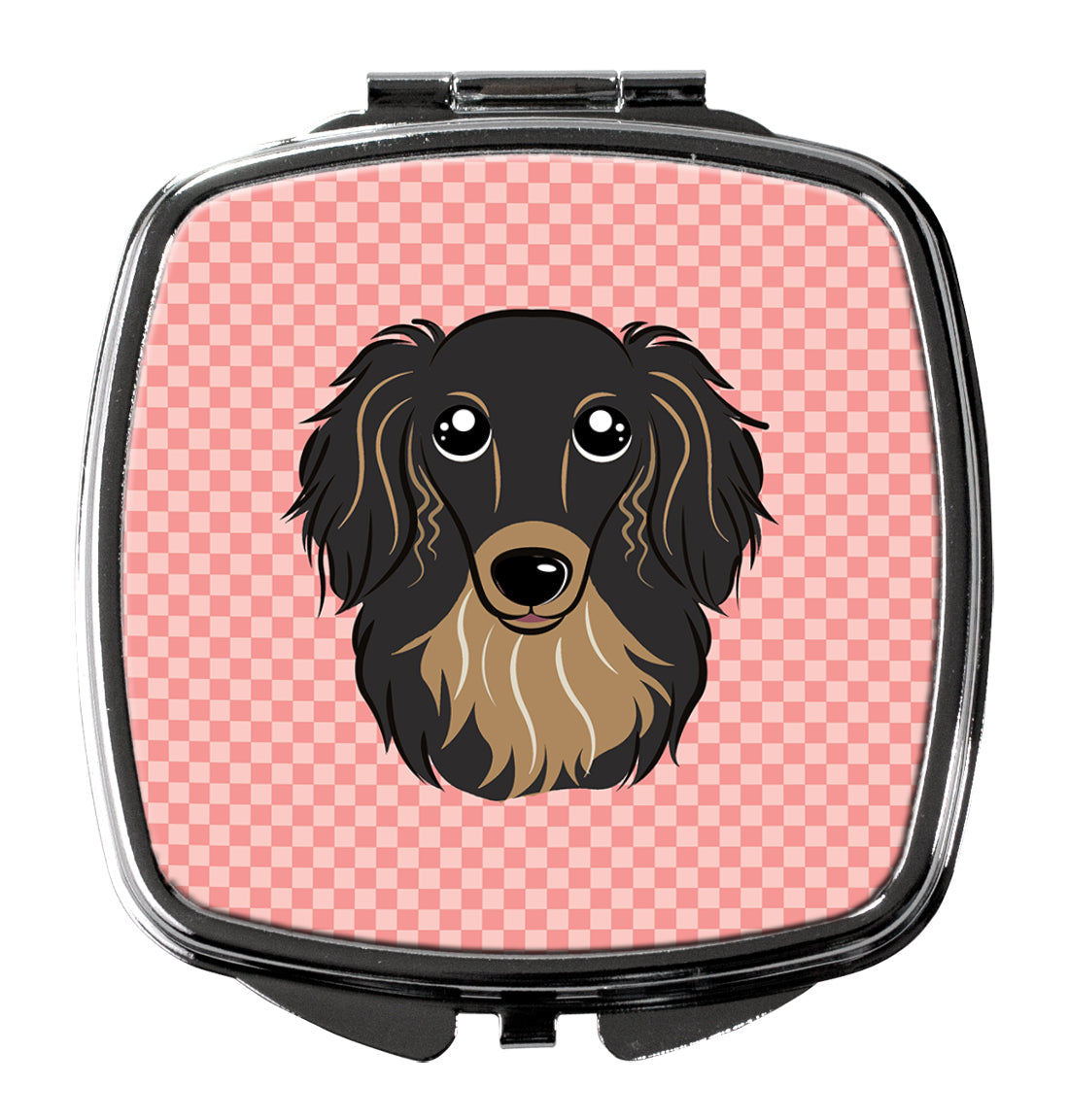Checkerboard Pink Longhair Black and Tan Dachshund Compact Mirror Decorative Travel Makeup Mirror for Women Girls Gifts Pocket Makeup Mirror Folding Handheld