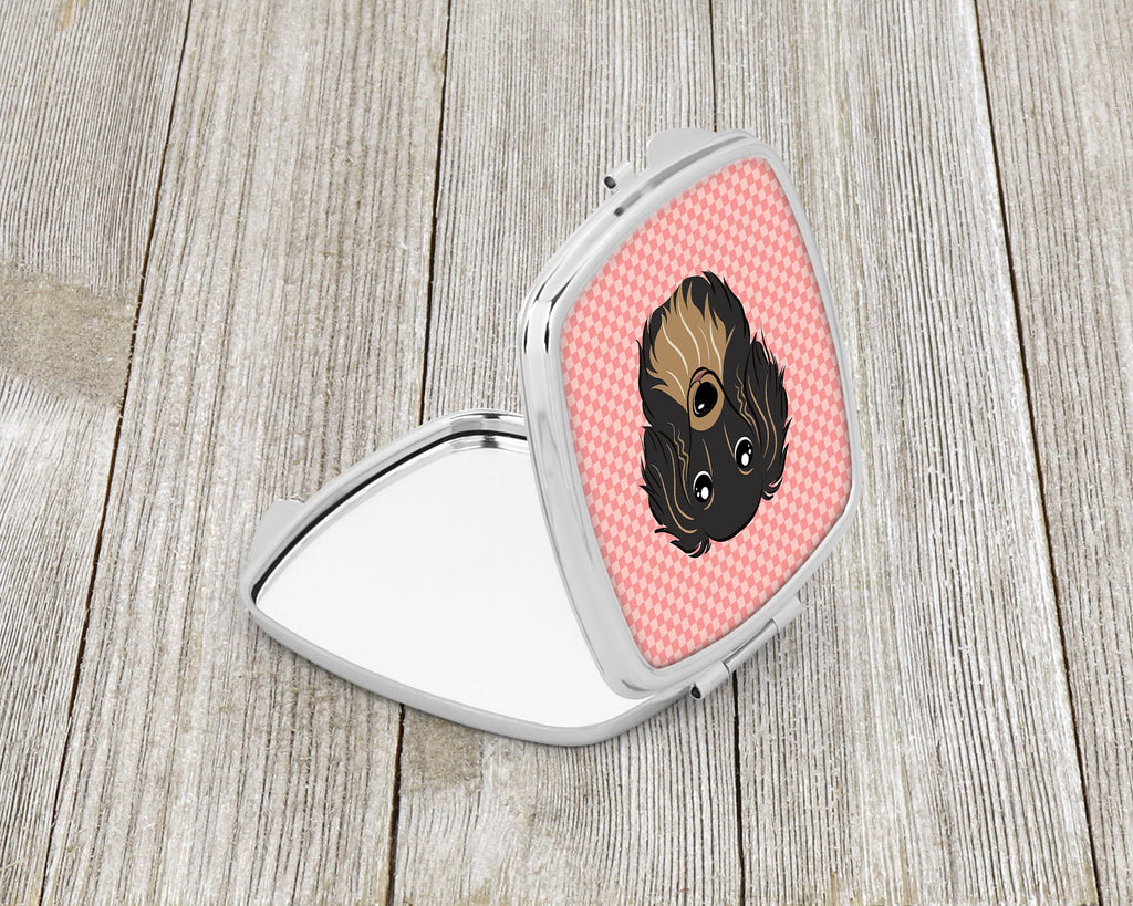 Checkerboard Pink Longhair Black and Tan Dachshund Compact Mirror Decorative Travel Makeup Mirror for Women Girls Gifts Pocket Makeup Mirror Folding Handheld