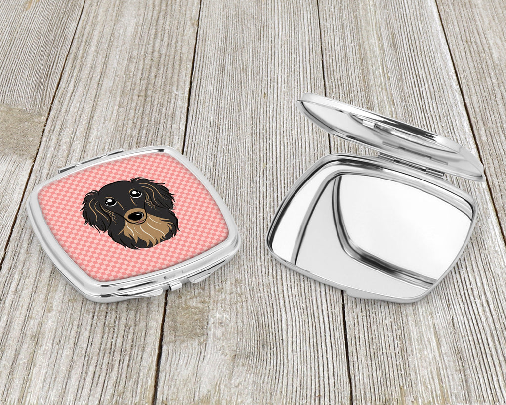 Checkerboard Pink Longhair Black and Tan Dachshund Compact Mirror Decorative Travel Makeup Mirror for Women Girls Gifts Pocket Makeup Mirror Folding Handheld