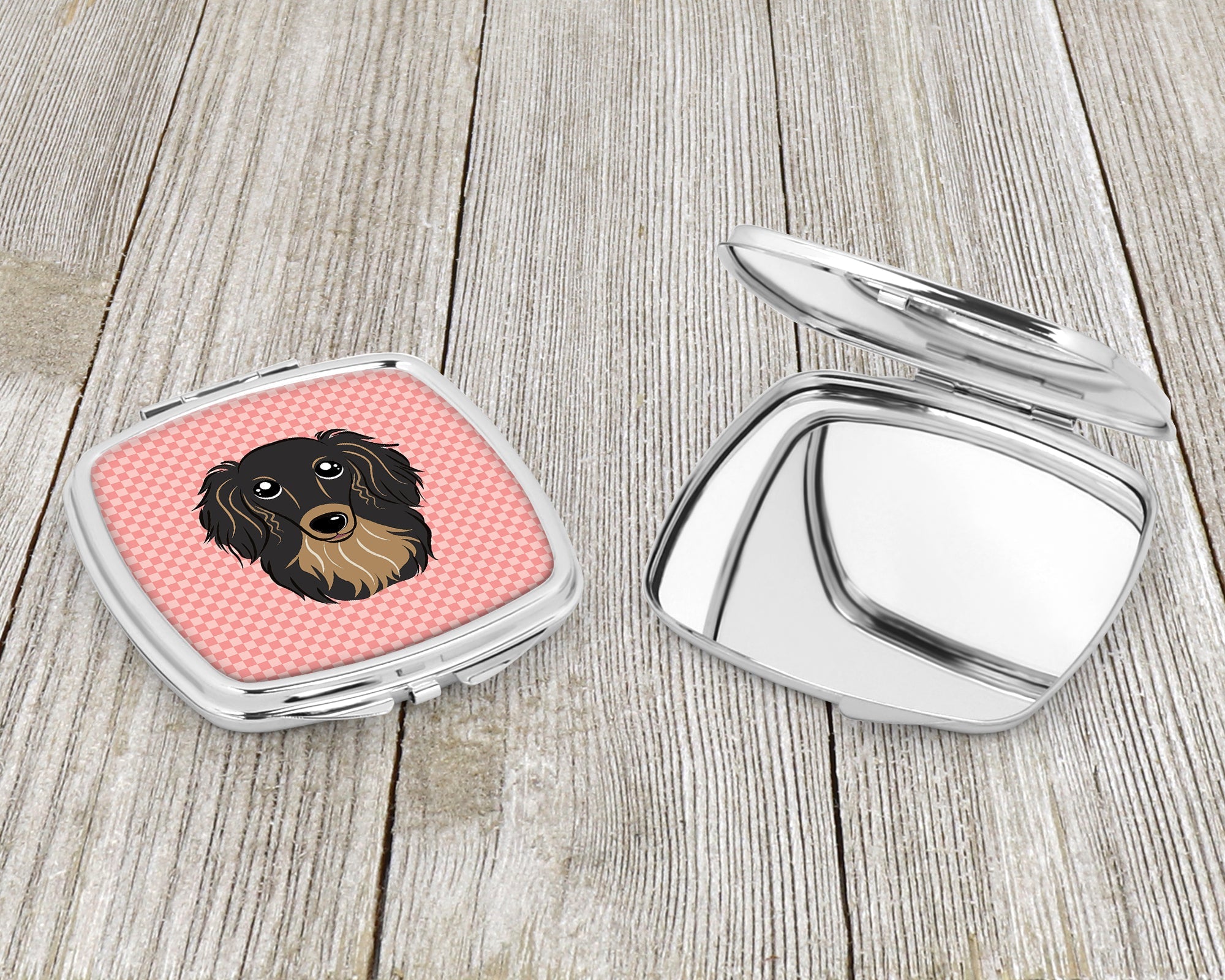 Checkerboard Pink Longhair Black and Tan Dachshund Compact Mirror Decorative Travel Makeup Mirror for Women Girls Gifts Pocket Makeup Mirror Folding Handheld