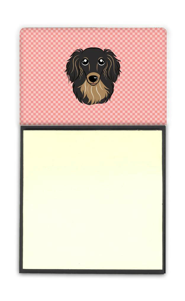 Checkerboard Pink Longhair Black and Tan Dachshund Watercolor Sticky Note Holder Refillable Dispenser Desk Accessory 3x3 Pad Gift