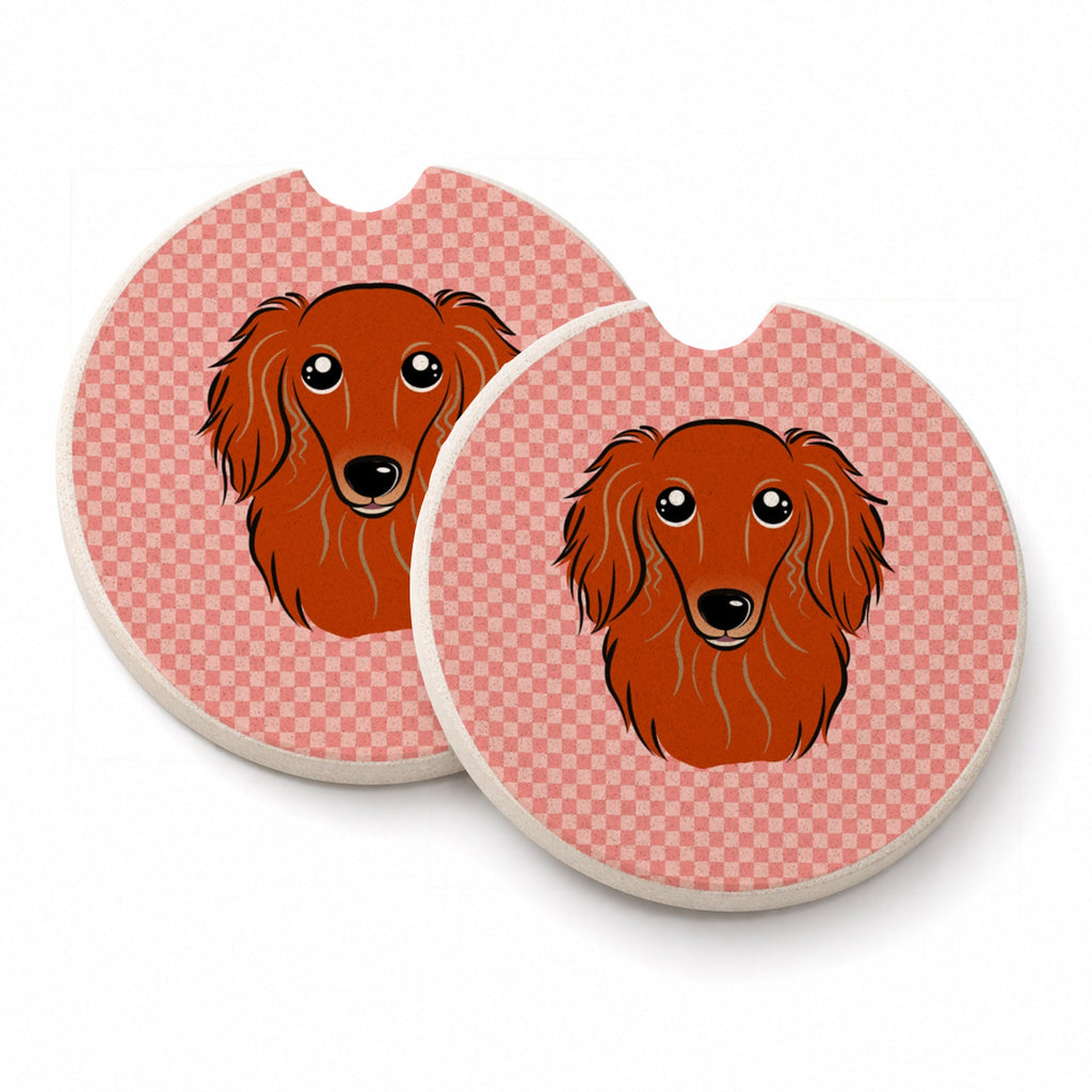 Checkerboard Pink Longhair Red Dachshund Set of 2 Cup Holder Car Coasters Absorbent Round Sandstone Coasters Gifts for Men or Women, 2.5, Multicolor