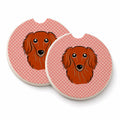 Checkerboard Pink Longhair Red Dachshund Set of 2 Cup Holder Car Coasters Absorbent Round Sandstone Coasters Gifts for Men or Women, 2.5, Multicolor