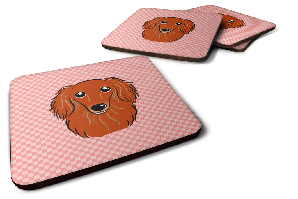 Checkerboard Pink Longhair Red Dachshund Foam Coasters Set of 4 Cup Coasters for Indoor Outdoor, Tabletop Protection, Anti Slip, Mouse pad Material