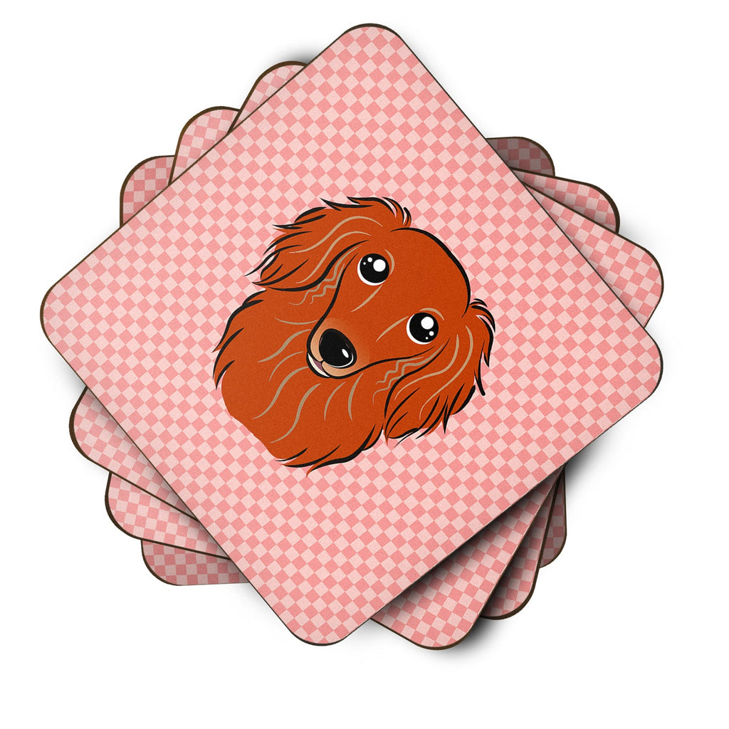Checkerboard Pink Longhair Red Dachshund Foam Coasters Set of 4 Cup Coasters for Indoor Outdoor, Tabletop Protection, Anti Slip, Mouse pad Material