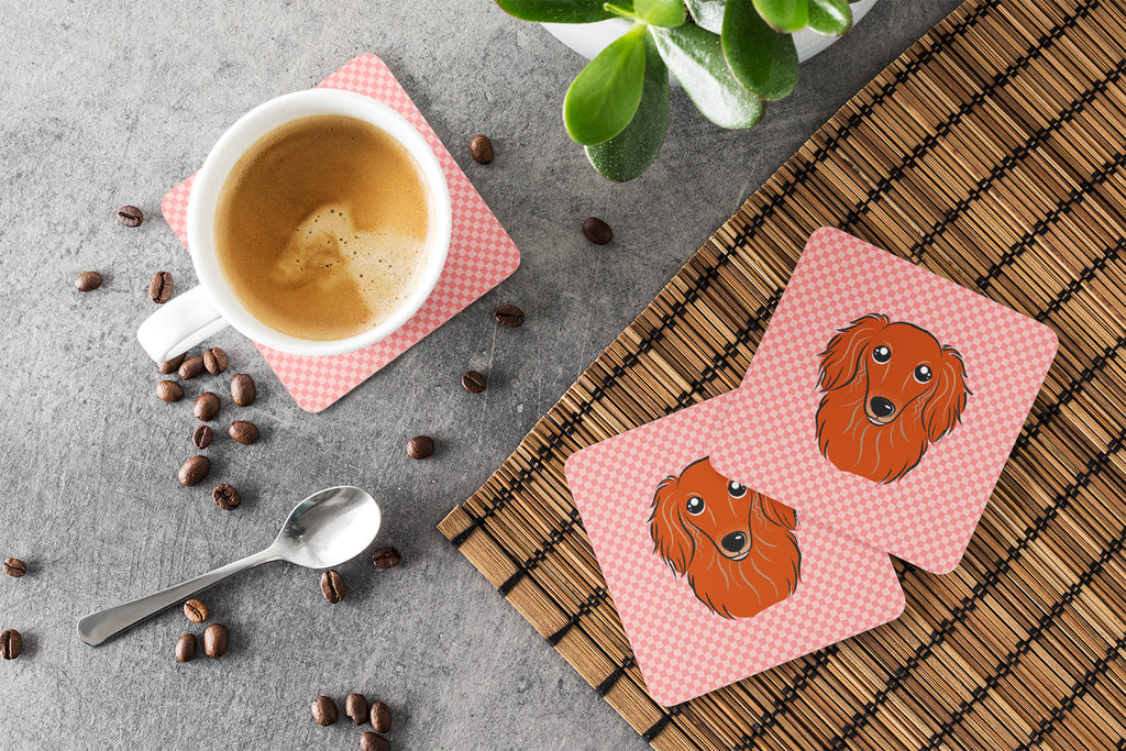 Checkerboard Pink Longhair Red Dachshund Foam Coasters Set of 4 Cup Coasters for Indoor Outdoor, Tabletop Protection, Anti Slip, Mouse pad Material