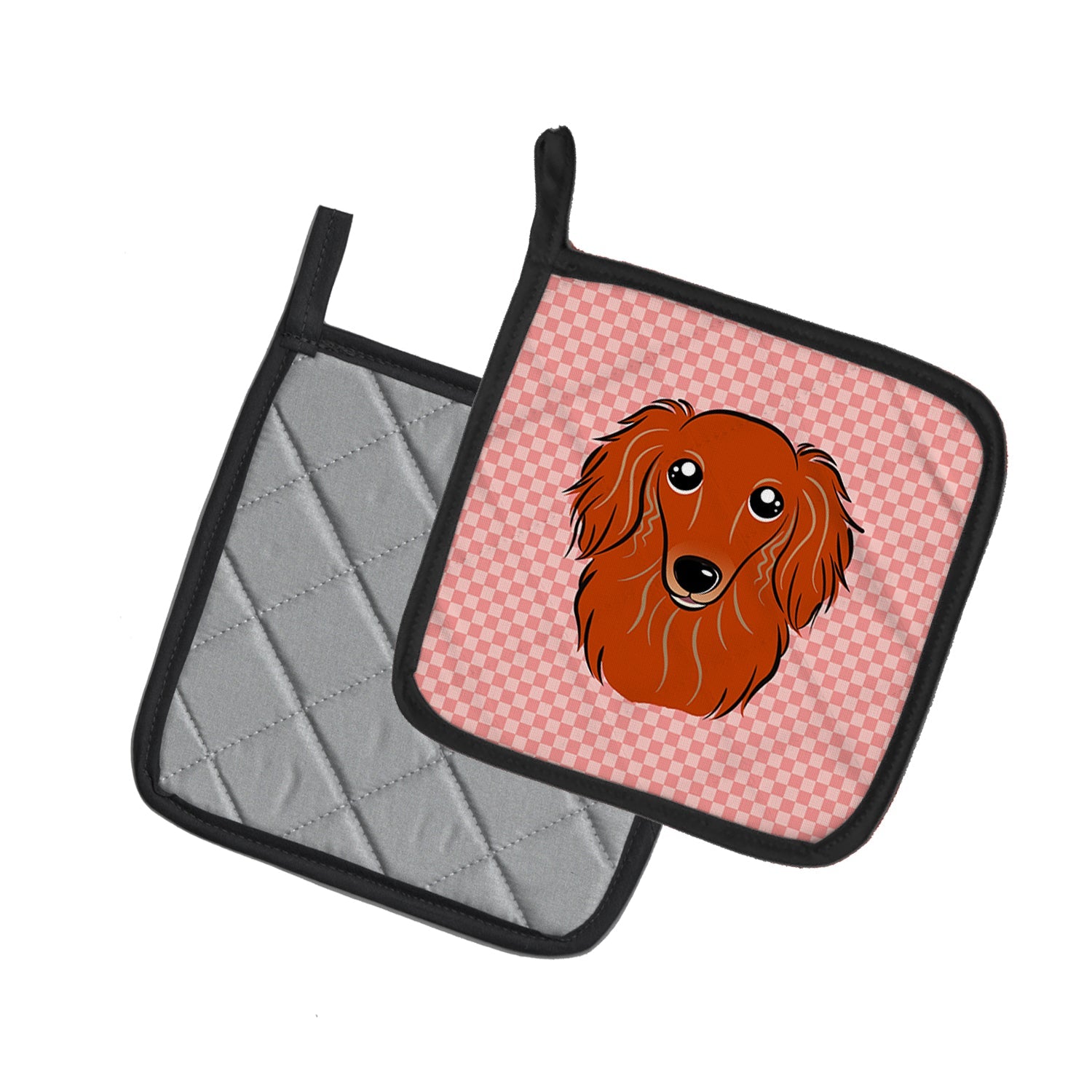Checkerboard Pink Longhair Red Dachshund Pot Holder Set of 2 Heat Resistant Quilted Hot Pads 7.5 x 7.5 Inch, Insulated Kitchen Trivets for Cooking & Baking