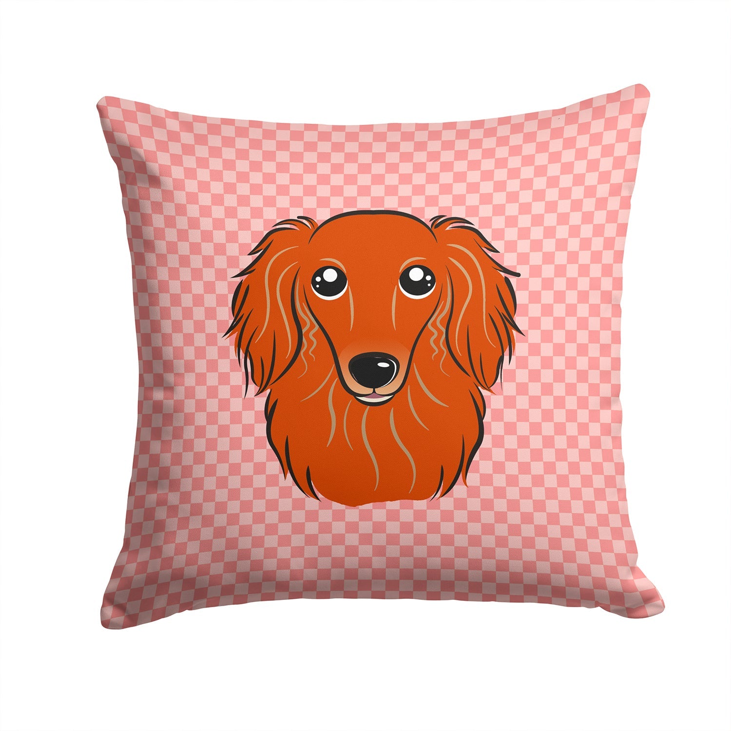 Checkerboard Pink Longhair Red Dachshund Decorative Throw Pillow 14x14 Indoor Outdoor Accent Cushion, Fabric Cover with Insert for Sofa, Bed, Porch & Living Room